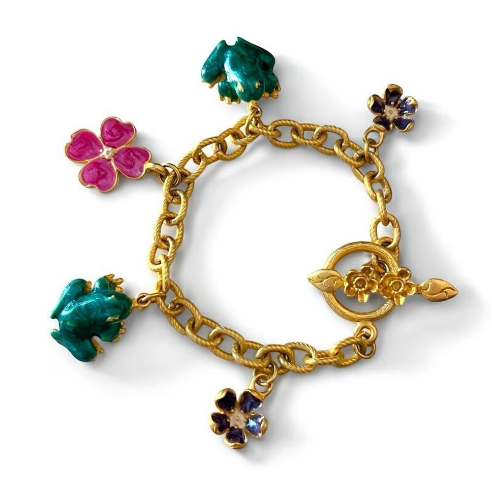 Matte Gold Enamel Flowers Frogs Charm Bracelet - Picture 2 of 7